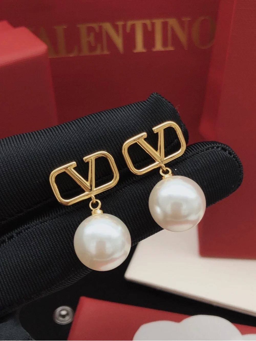 Valentino gold-tone V-logo drop earrings with ivory pearls